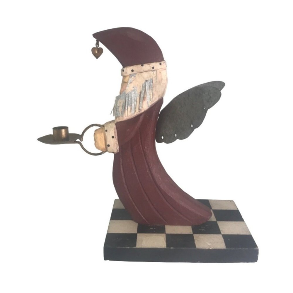 Vintage Midwest of Cannon Falls Winged Carved Santa Candleholder for Mini Tapers - Picture 5 of 7